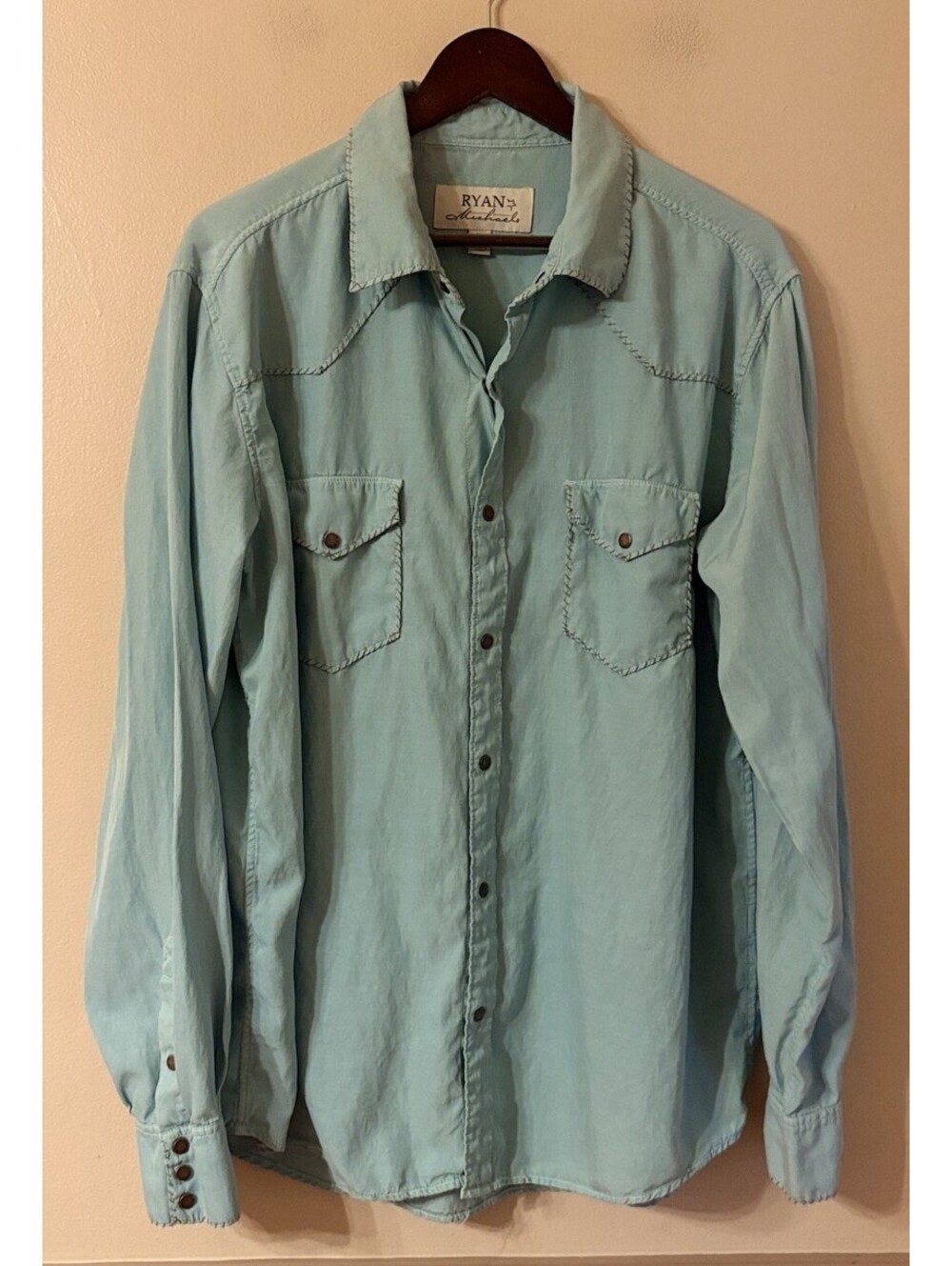 Ryan Michael Western Shirt Silk Blend Embroidered Metal Snaps Size XL Turquoise